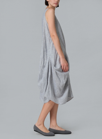 Blue White Stripe Linen Sleeveless Draped Dress