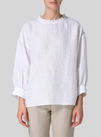 White Linen Dropped Shoulder Ruffle Collar Blouse