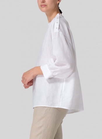 White Linen Dropped Shoulder Ruffle Collar Blouse