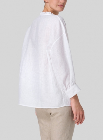 White Linen Dropped Shoulder Ruffle Collar Blouse