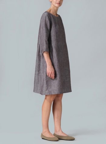 Two Tone Brown Linen Mid-Length Dress