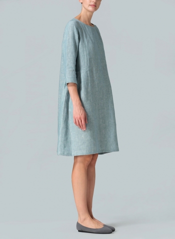 Two Tone Light Green Linen Mid-Length Dress