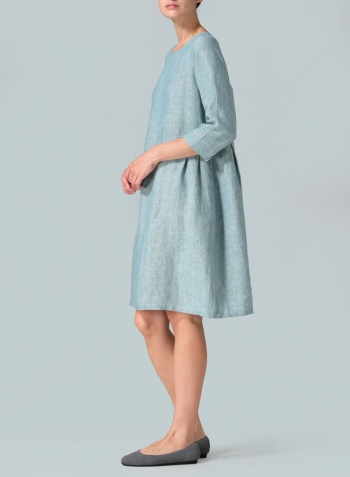 Two Tone Light Green Linen Mid-Length Dress