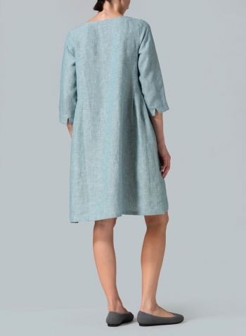 Two Tone Light Green Linen Mid-Length Dress