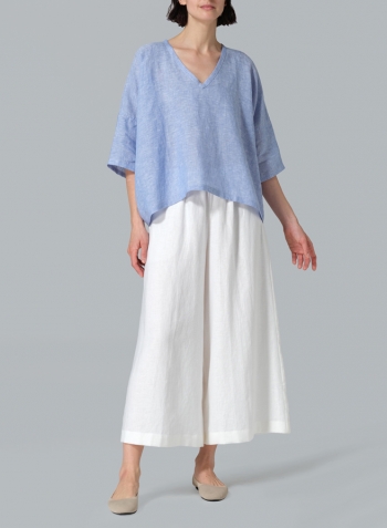 Cornflower Blue Linen Loose Deep V-Neck Top
