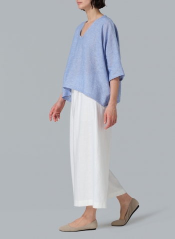 Cornflower Blue Linen Loose Deep V-Neck Top