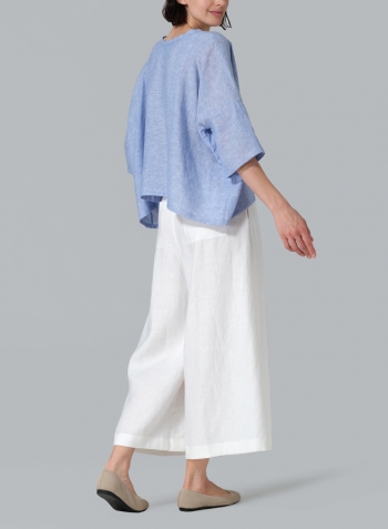 Cornflower Blue Linen Loose Deep V-Neck Top