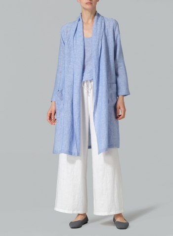 Cornflower Blue Linen Open-Front Shawl Collar Jacket