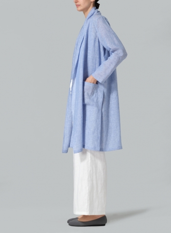 Cornflower Blue Linen Open-Front Shawl Collar Jacket