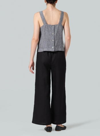 Two Tone Black Linen Square Neckline Button-Back Straight Short Tank