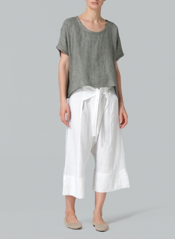 Dull Green Linen Dolman Short Sleeve Box Top