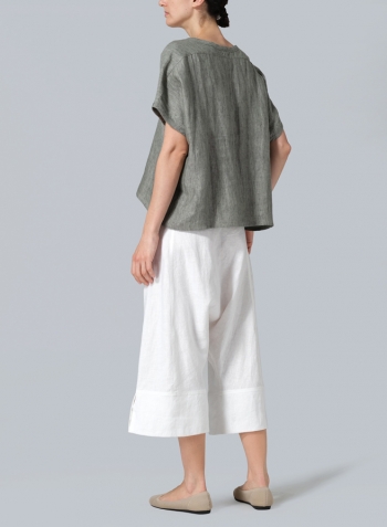 Dull Green Linen Dolman Short Sleeve Box Top
