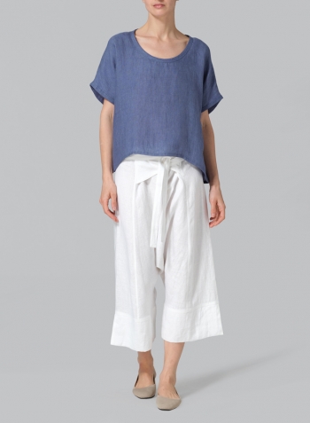 Blue Linen Dolman Short Sleeve Box Top