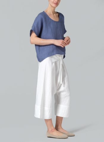 Blue Linen Dolman Short Sleeve Box Top