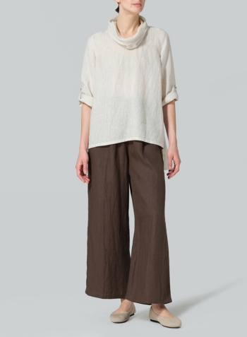 Oat Linen Cowl Neck Rolled Sleeve Loose Top
