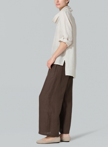 Oat Linen Cowl Neck Rolled Sleeve Loose Top