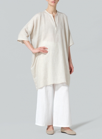 Oat Linen Wide A-line V-neck Mandarin Collar Tunic