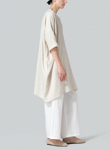 Oat Linen Wide A-line V-neck Mandarin Collar Tunic