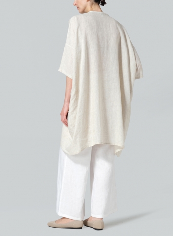 Oat Linen Wide A-line V-neck Mandarin Collar Tunic