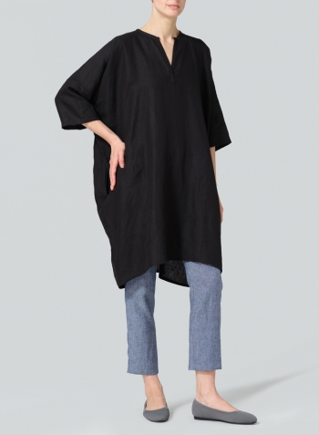 Black Linen Wide A-line V-neck Mandarin Collar Tunic