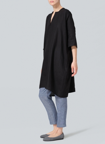 Black Linen Wide A-line V-neck Mandarin Collar Tunic