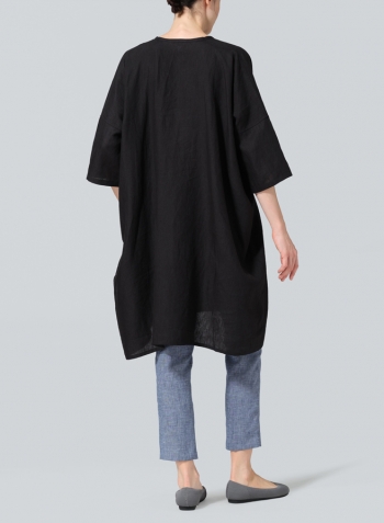 Black Linen Wide A-line V-neck Mandarin Collar Tunic