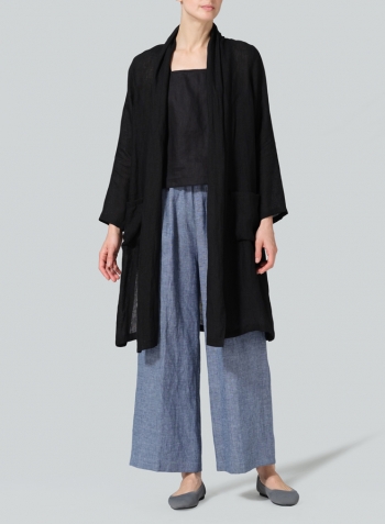 Black Linen Open-Front Shawl Collar Jacket