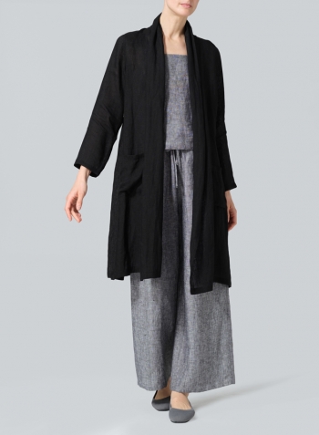 Black Linen Open-Front Shawl Collar Jacket Set