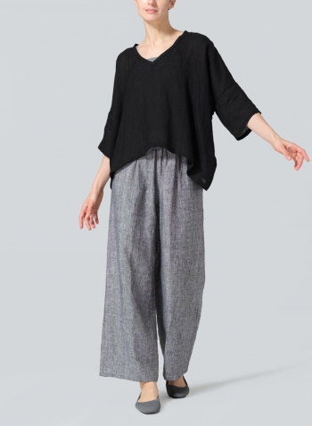 Black Linen Loose Deep V-Neck Top Set