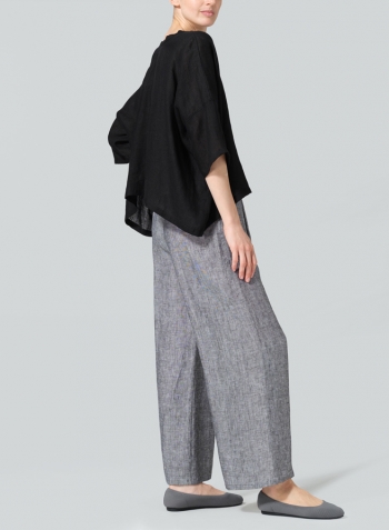 Black Linen Loose Deep V-Neck Top Set