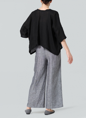 Black Linen Loose Deep V-Neck Top Set