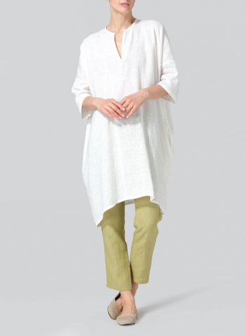 White Linen Wide A-line V-neck Mandarin Collar Tunic