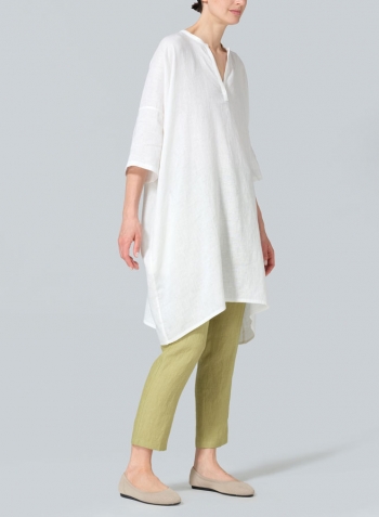 White Linen Wide A-line V-neck Mandarin Collar Tunic