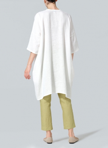 White Linen Wide A-line V-neck Mandarin Collar Tunic