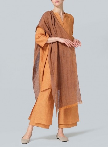 Golden Brown Linen Wide A-line V-neck Mandarin Collar Tunic Set