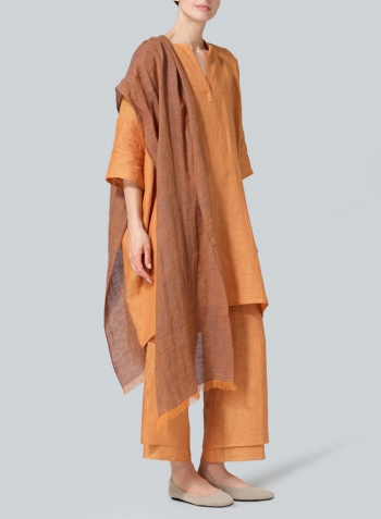 Golden Brown Linen Wide A-line V-neck Mandarin Collar Tunic Set