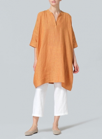 Golden Brown Linen Wide A-line V-neck Mandarin Collar Tunic