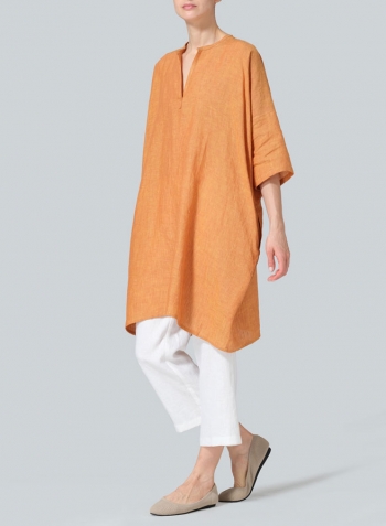 Golden Brown Linen Wide A-line V-neck Mandarin Collar Tunic