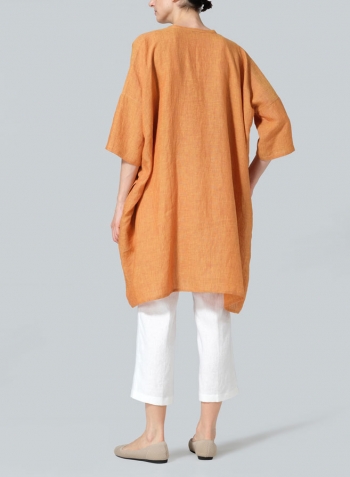 Golden Brown Linen Wide A-line V-neck Mandarin Collar Tunic