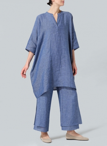 Azure Blue Linen Wide A-line V-neck Mandarin Collar Tunic Set