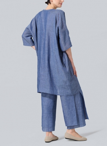 Azure Blue Linen Wide A-line V-neck Mandarin Collar Tunic Set