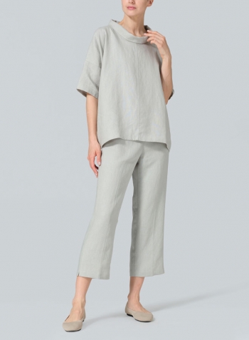 Light Grayish-green Linen Cowl Neck Box Top