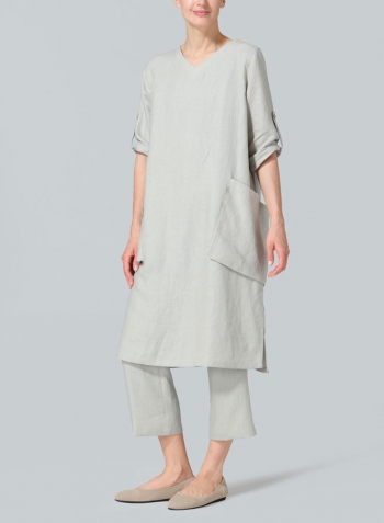 Light Grayish-green Linen A-shape Patch Pockets Tunic Dress