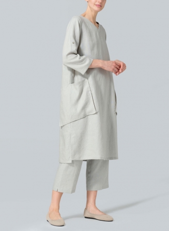 Light Grayish-green Linen A-shape Patch Pockets Tunic Dress