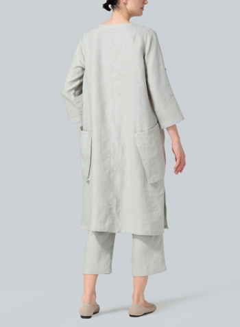 Light Grayish-green Linen A-shape Patch Pockets Tunic Dress