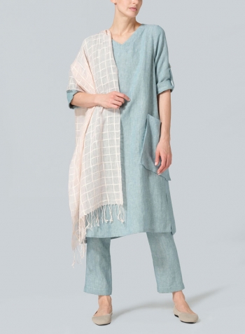 Two Tone Light Green Linen A-shape Patch Pockets Tunic Dress Set