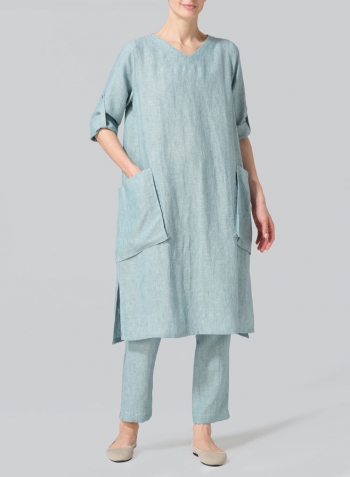 Two Tone Light Green Linen A-shape Patch Pockets Tunic Dress