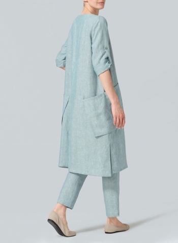 Two Tone Light Green Linen A-shape Patch Pockets Tunic Dress