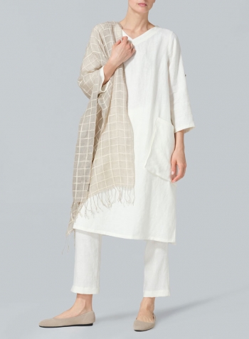 Cream White Linen A-shape Patch Pockets Tunic Dress Set
