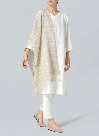 Cream White Linen A-shape Patch Pockets Tunic Dress Set